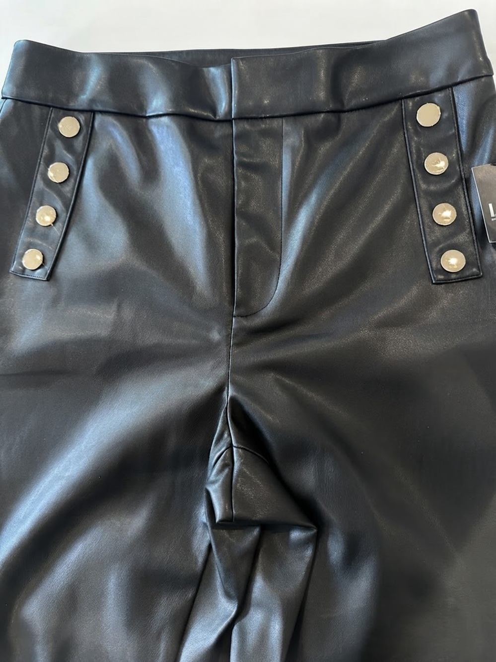 NWT-INC International Concepts Black Faux Leather Boot Cut Pants & Gold Buttons